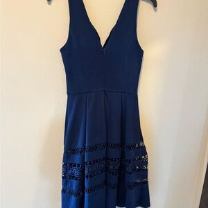 Annabella Navy V-Neck A-Line Dress with Lace Insets